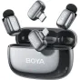 Boya wireless microphone mini 2-01 kit with USB-C and Lightning receivers in open charging case, featuring ultra-compact transmitters and premium build for professional mobile recording