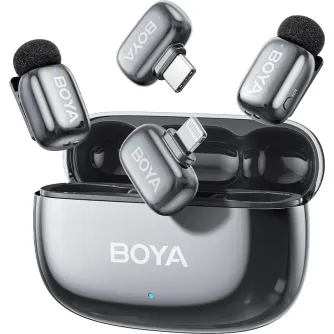 Boya bezvadu mikrofonu mini 2-01 komplekts ar USB-C un Lightning uztvērējiem atvērtā uzlādes korpusā, ar ultrakompaktām pārraides ierīcēm un augstas kvalitātes profesionālai mobilajai ierakstīšanai