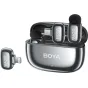 Boya wireless microphone mini 2-01 kit with open charging case, Lightning receiver, and two compact transmitters for iOS and USB-C devices