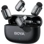 Boya mini 2-01 wireless microphone kit with open charging case, featuring two transmitters and Lightning/USB-C receivers for seamless smartphone and computer connectivity