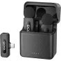 Boya BY-V30 USB-C wireless lavalier microphone system with open charging case and USB-C receiver, featuring two compact transmitters and sleek design