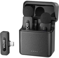 Boya BY-V30 USB-C wireless lavalier microphone system with open charging case and USB-C receiver, featuring two compact transmitters and sleek designBoya BY-V30 USB-C wireless lavalier microphone system with open charging case and USB-C receiver, featuring two compact transmitters and sleek design