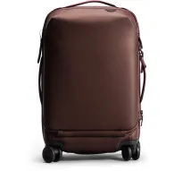 Brown Peak Design Roller Pro Carry-On suitcase rear view with retractable wheels and extended top handleBrown Peak Design Roller Pro Carry-On suitcase rear view with retractable wheels and extended top handle