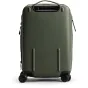 Peak Design Roller Pro Carry-On suitcase in olive green, side view with extended handle and durable design.