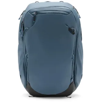 Peak Design Travel Backpack 45L in ocean blue, front view showcasing expandable storage and durable recycled 400D nylon construction.
