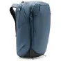 Peak Design Travel Backpack 45L in ocean blue, front view showcasing expandable side pockets and durable 400D recycled nylon construction.