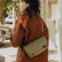 Peak Design Field Pouch V2 kelp green compact crossbody bag with adjustable strap, stylishly worn as a minimalist travel accessory