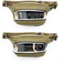 Peak Design Everyday Sling V2 3L bag in kelp color with DSLR camera and lens inside, showcasing padded interior and flexible dividers from top and bottom views