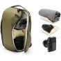 Peak Design Everyday Backpack Zip V2 15L in olive kelp with open compartments, showcasing storage for a camera body, lens holder, and included fabric dividers for organized photo gear.