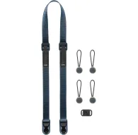 Peak Design Leash camera strap in ocean blue with adjustable aluminum buckles, four durable Anchor connectors, and included accessories for versatile use with cameras and binoculars.Peak Design Leash camera strap in ocean blue with adjustable aluminum buckles, four durable Anchor connectors, and included accessories for versatile use with cameras and binoculars.
