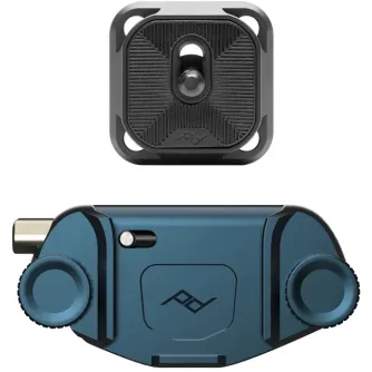 Peak Design Capture Clip V3 in ocean blue, featuring a quick-release button and grip texture for secure camera attachment.