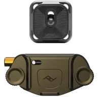 Peak Design Capture V3 Camera Clip featuring a quick-release button and durable aluminum construction, shown from top and front views.Peak Design Capture V3 Camera Clip featuring a quick-release button and durable aluminum construction, shown from top and front views.