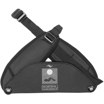 Black Peak Design Everyday Hip Belt V2 with padded waist strap, adjustable buckle, central logo featuring a cityscape and moon design, and metal attachment points. Designed for comfort and grip, suitable for accessories like Cap