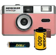 Pink Novocolor Swiss+Go 35mm camera with silver top, black lens ring labeled 'SWISS+GO OPTICS F9 FOCUS FREE LENS', built-in flash, and Kodak 400 film reel with exposed film strip, featuring a textured pink body and rectangular vPink Novocolor Swiss+Go 35mm camera with silver top, black lens ring labeled 'SWISS+GO OPTICS F9 FOCUS FREE LENS', built-in flash, and Kodak 400 film reel with exposed film strip, featuring a textured pink body and rectangular v