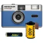 Novocolor Swiss+Go 35mm filmas kamera zila ar iebūvētu zibspuldzi, Kodak 400 filmas un AAA baterija komplektā