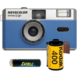 Novocolor Swiss+Go 35mm filmas kamera zila ar iebūvētu zibspuldzi, Kodak 400 filmas un AAA baterija komplektā
