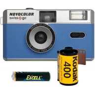 Аналоговая фотокамера Novocolor Swiss+Go 35мм синего цвета с встроенной вспышкой, рулоном плёнки Kodak 400 и батарейкой AAA в комплектеАналоговая фотокамера Novocolor Swiss+Go 35мм синего цвета с встроенной вспышкой, рулоном плёнки Kodak 400 и батарейкой AAA в комплекте