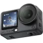 DJI Osmo Action 6 akcijas kamera ar priekšējo objektīvu un skārienekrāna saskarni, kas rāda 4K video ieraksta interfeisu, F2.0-4.0 apgaismojuma iestatījumus un slēpošanas video priekšskatījumu