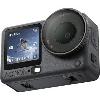DJI Osmo Action 6 akcijas kamera ar priekšējo objektīvu un skārienekrāna saskarni, kas rāda 4K video ieraksta interfeisu, F2.0-4.0 apgaismojuma iestatījumus un slēpošanas video priekšskatījumu