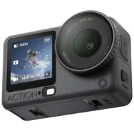 DJI Osmo Action 6 akcijas kamera ar priekšējo objektīvu un skārienekrāna saskarni, kas rāda 4K video ieraksta interfeisu, F2.0-4.0 apgaismojuma iestatījumus un slēpošanas video priekšskatījumuDJI Osmo Action 6 akcijas kamera ar priekšējo objektīvu un skārienekrāna saskarni, kas rāda 4K video ieraksta interfeisu, F2.0-4.0 apgaismojuma iestatījumus un slēpošanas video priekšskatījumu