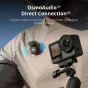 DJI Osmo Action 6 kamera demonstrē OsmoAudio Direct Connection funkciju ar diviem bezvadu DJI mikrofonu pārraidītājiem, kas piestiprināti pie apģērba, tieši pārraidot audio uz akciškameru, nodrošinot augstas kvalitātes divkanālu