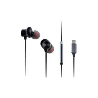 Panasonic RP-TCM225DEK USB-C in-ear earphones in black with built-in microphone, featuring 10mm drivers and three sizes of ear tips for a custom fit.
