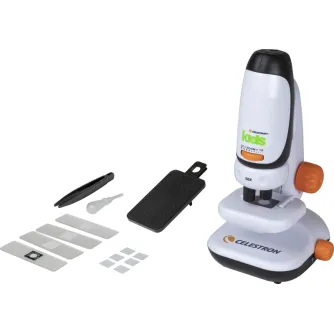 Celestron Kids Microscope with phone adapter, featuring 50x magnification, slide preparation kit, and detachable head for educational exploration.