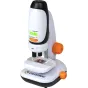 Celestron Kids Microscope with smartphone adapter, featuring a white and black design with orange accents, eyepiece lenses, mechanical stage, built-in illumination, and a storage drawer.