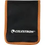 Celestron lens cleaning kit pouch with orange trim, made of soft fabric, featuring a structured rectangular shape and the Celestron logo in white.