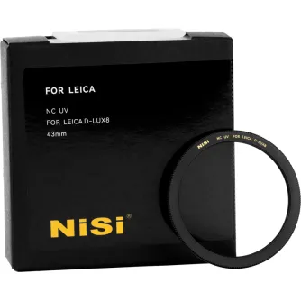 NiSi NC UV Filter for Leica D-LUX 8 in sleek black packaging with a 43mm UV protection lens displayed separately.
