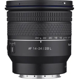 Samyang AF 14-24mm F2.8 L montūra ultraplatā zoom lēca ar pievienoto galvgalu, priekšējais skats ar fokusa atzīmēm un aizsardzību pret apstākļiem