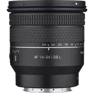 Samyang AF 14-24mm F2.8 L-mount ultra-wide zoom lens with attached hood, front view showing focus markings and weather sealingSamyang AF 14-24mm F2.8 L-mount ultra-wide zoom lens with attached hood, front view showing focus markings and weather sealing