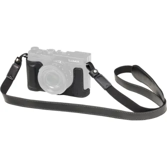 SmallRig melna ādas pussaknes komplekts ar integrētu gripu un statīva montāžas vietu Panasonic LUMIX L10 kamerai, ar mikrofibras plecu siksnu drošai nēsāšanai