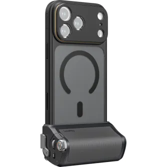 SmallRig FilMov Photography Grip Kit for iPhone 17 Pro with integrated wireless remote and power bank, modular lens mount, and quick-release phone case