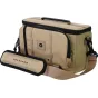 PolarPro RoadRunner 6L Desert Sling bag with tripod holder attachment, tan exterior, side view showcasing organized compartments and durable shoulder strap