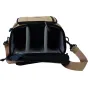 PolarPro RoadRunner 6L Desert Sling backpack interior view with padded compartments for mirrorless cameras and lenses, featuring tan webbing straps and organized storage for accessories