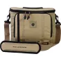 Рюкзак PolarPro RoadRunner 12L Desert Sling бежевого цвета с передним видом, показывающий организованные отделения, карман для iPad Pro и ремни для крепления штатива к фотоаппарату Sony A7R и дрону.