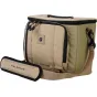 Сумка PolarPro RoadRunner 12L Desert Sling бежевого цвета с черными молниями, логотипом на передней панели и плечевым ремнем для переноски фотоаппаратуры Sony A7R, дронов и аксессуаров.