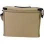 Рюкзак PolarPro RoadRunner 12L Sling Desert в бежевом тисненом исполнении, вид сзади и сбоку с черными ремнями и удобными отделениями для фототехники и технических аксессуаров.