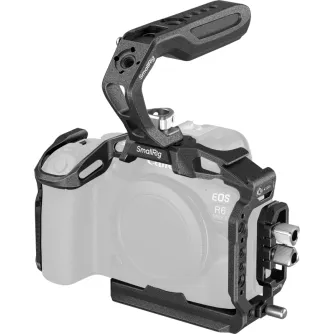 Комплект SmallRig Black Mamba Cage для Canon EOS R6 Mark II с эргономической ручкой и зажимом для кабелей HDMI/USB-C, прикрепленным к нижней панели.