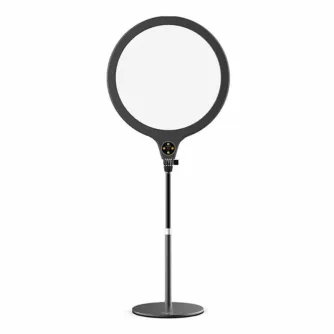 Ulanzi VIJIM K1 round LED table lamp with adjustable color temperature 3200-6500K, telescopic tripod stand, and front control buttons for brightness and warmth settings
