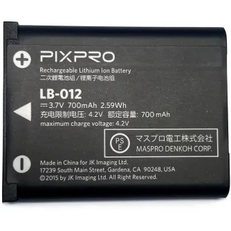 Kodak PixPro LB-012 700mAh lithium-ion battery for Kodak PixPro FZ53 and FZ55 cameras, 3.7V, up to 200 shots per charge, made by JK Imaging.