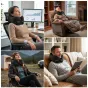 Подушка для шеи Tech-Protect ComfortRest черная из пеноматериала, которую носит человек в различных сценах: офис, дом, на улице и в самолете, с видимой регулируемой пряжкой