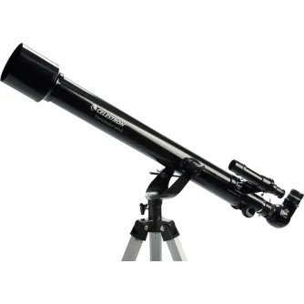 Телескоп Celestron PowerSeeker 60 AZ на серебряном штативе, с большим объективом, меньшим вторичным объективом и искателем. У штатива регулируемые ножки и центральная регулировочная ручка, с логотипом Celestron и названием модел