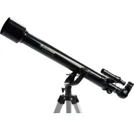 Celestron PowerSeeker 60 AZ telescope mounted on a silver tripod, featuring a large objective lens, a smaller secondary lens, and a finderscope. The tripod has adjustable legs and a central adjustment knob, with the Celestron loCelestron PowerSeeker 60 AZ telescope mounted on a silver tripod, featuring a large objective lens, a smaller secondary lens, and a finderscope. The tripod has adjustable legs and a central adjustment knob, with the Celestron lo