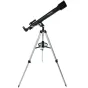Celestron PowerSeeker 60 AZ telescope with a silver tripod, featuring pan handle Alt-Az control, erect image diagonal, and finderscope for celestial and terrestrial viewing.
