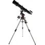 Celestron Advanced VX 6 Refractor telescope mounted on a silver tripod, featuring a long cylindrical tube with orange branding, a red adjustment knob, and a dual saddle plate system, with adjustable tripod legs and a star alignm