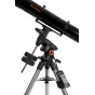 Телескоп Celestron Advanced VX 6 Refractor, установленный на серебряном штативе с пультом управления, с оранжевым брендингом и двойной седловиной для стабильности при астрофотографировании.