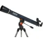 Celestron Astromaster 90 AZ telescope mounted on a tripod with a pan handle for smooth stargazing