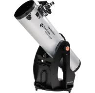 Celestron StarSense Explorer 10" Dobsonian teleskops uz melna statīva ar viedtālruņa turētāju, ar sudraba korpusu un melniem akcentiem, StarSense zīmolu un sarkano punktu meklētāju.Celestron StarSense Explorer 10" Dobsonian teleskops uz melna statīva ar viedtālruņa turētāju, ar sudraba korpusu un melniem akcentiem, StarSense zīmolu un sarkano punktu meklētāju.
